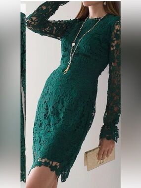 White House Black Market Long Sleeve Lace Mini Dress Deep Mineral Green Size 6